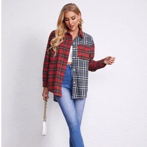 Patch Pocket Curved Hem Tartan Colorblock Blouse
